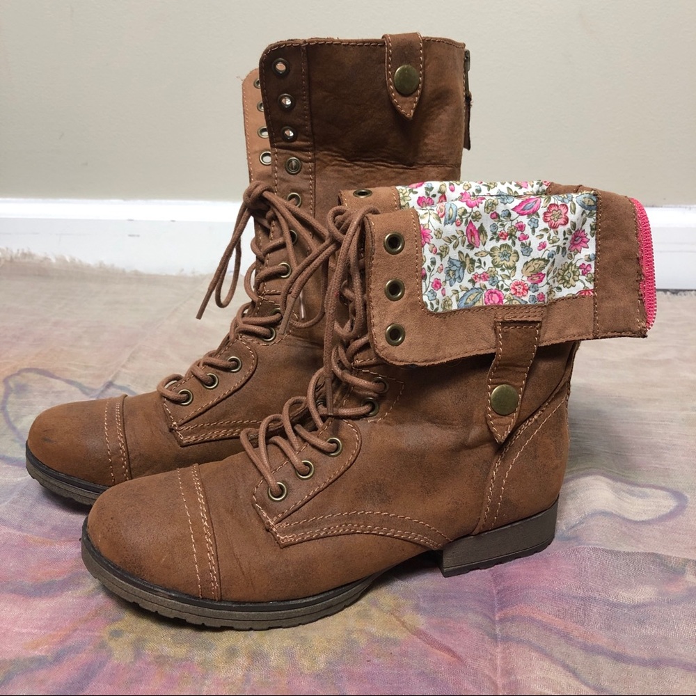 Tan boots with floral fabric!